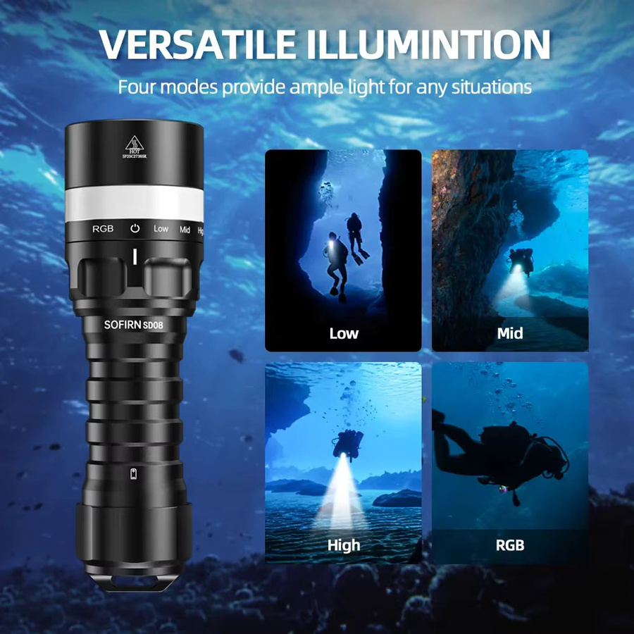 Sofirn SD08 Scuba Tauchtaschenlampe mit 3200 lm, SST70 LED, RGB-Licht für 360 Grad Unterwasserpositionierung, schwarz, wiederaufladbar - Bild 6