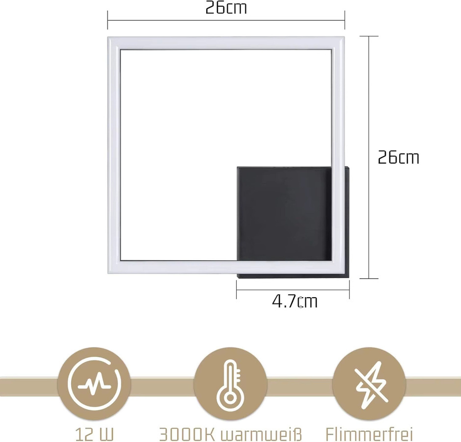 Cliheet LED-Deckenleuchte Schwarz, Quadratisch, 12 W, 3000 K Warmweiß, Durchmesser: 26 cm - Bild 2
