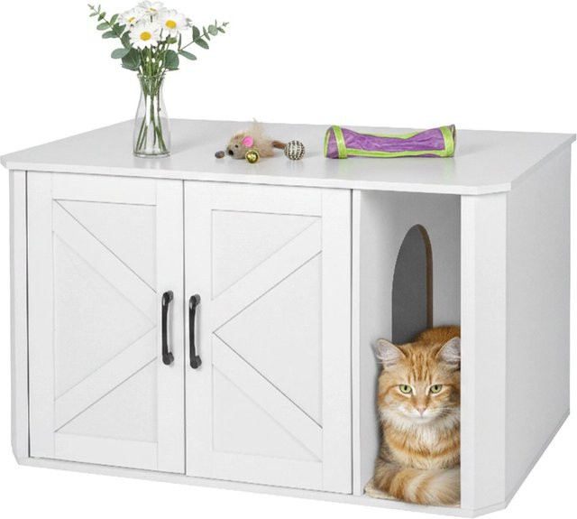 Relaxdays Katzenschrank aus MDF in Weiß mit Streumatte, B/T/H: 50 x 49 x 85 cm - Bild 1
