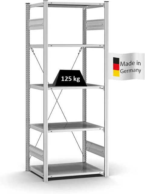 PROREGAL Profi Lagerregal Stecksystem T-Profil Grundregal, Farbe: Silber, H x B x T: 200 x 75 x 50 cm, Fachlast 125 kg, verzinkt - Bild 1