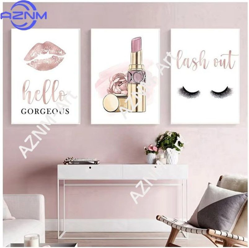 AZNM Wandkunst Set Hello Gorgeous in Roségold und Weiß, Leinwandgemälde mit Lippenstift und Wimpern Motiv für glamouröse Dekoration - Bild 1