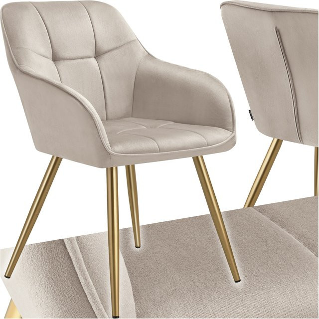 tectake Esszimmerstuhl Marilyn gepolstert in Samtoptik mit Steppmuster und goldenen Stahlbeinen, Farbe: Beige/Gold, B/T/H: 58 x 62 x 82 cm - Bild 1