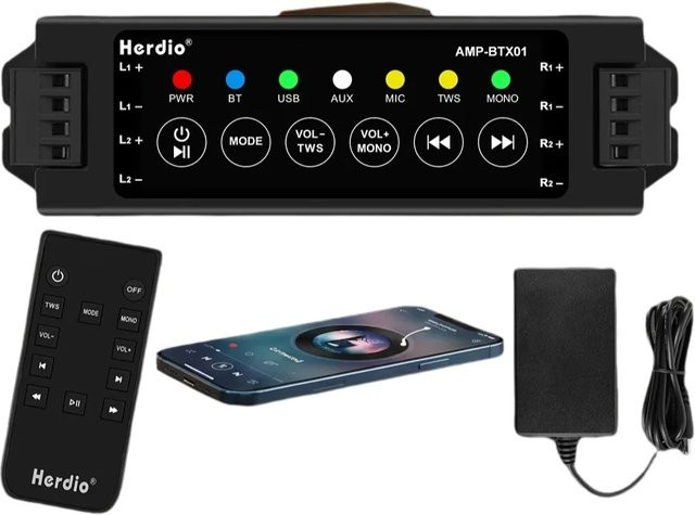 Herdio 4-Kanal Bluetooth-Audioverstärker mit Fernbedienung in Schwarz für Badezimmer-Wand- und Deckenlautsprecher - Bild 1
