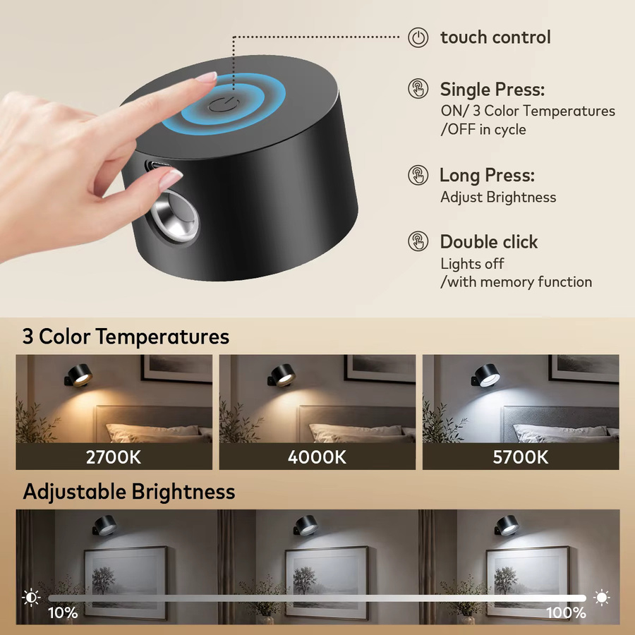 Kabellose magnetische LED-Wandleuchte in Schwarz mit Fernbedienung, dimmbar und wiederaufladbar, inklusive Timer-Funktion und 360 Grad Drehung für Schlafzimmer und Treppen - Bild 2