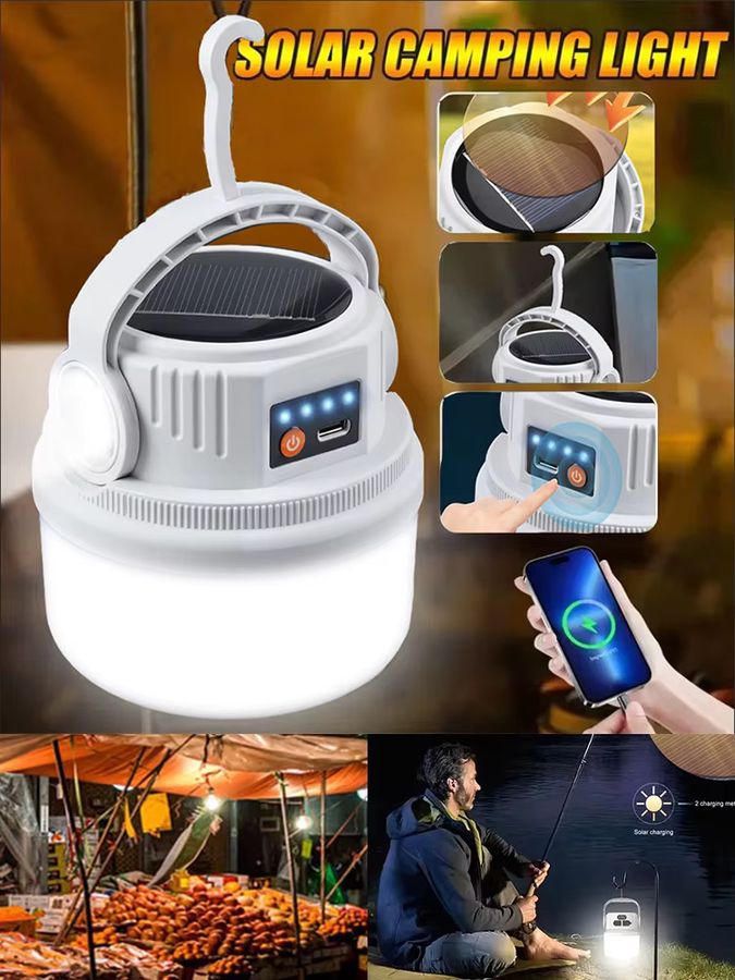 Multifunktionale Solar-Camping-Lichter für den Außenbereich, wasserdichte LED-Zelt-Taschenlampe mit USB-C-Ladefunktion und Haken - Bild 7