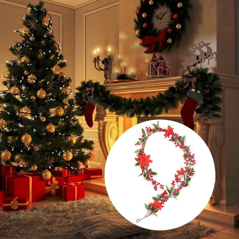 Tooarts Weihnachtliche Stechpalmen-Girlande mit roten Beeren und grünen Blättern aus Kunststoff, 195 cm - Bild 3