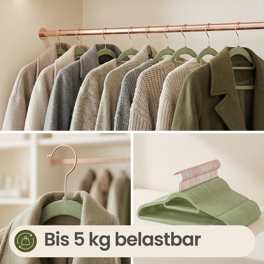 50er Set SONGMICS Kleiderbügel aus Samt in Grün, rutschfest mit Krawattenstange und 360 Grad drehbarem Haken, platzsparend - Bild 3