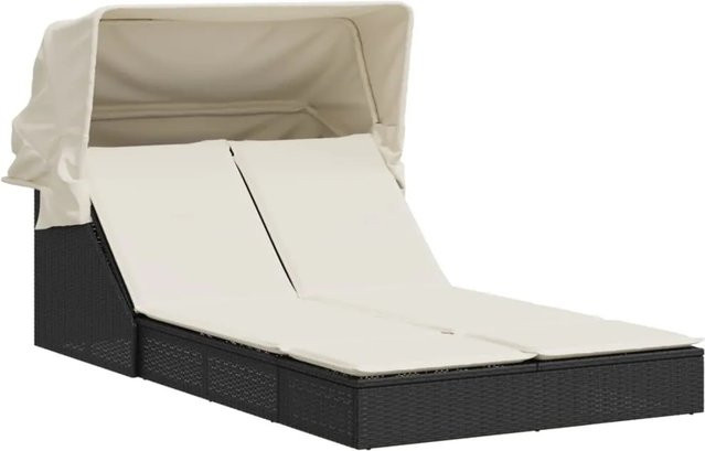 vidaXL Doppel-Sonnenliege aus Polyrattan mit Sonnendach und Auflagen, Schwarz, B/T/H: 236 x 110 x 102 cm - Bild 1