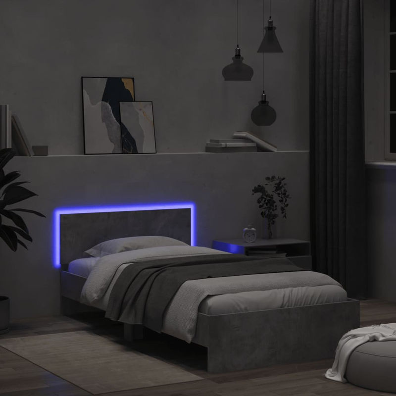 vidaXL Bettgestell mit Kopfteil, LED-Leuchten und USB-Ladeport in Betongrau, B/T/H: 100 x 200 x 104 cm - Bild 3