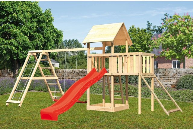 Karibu Spielturm Lotti Klettergerüst mit Doppelschaukel, Plattform, Netz und Rutsche in Rot - Bild 1