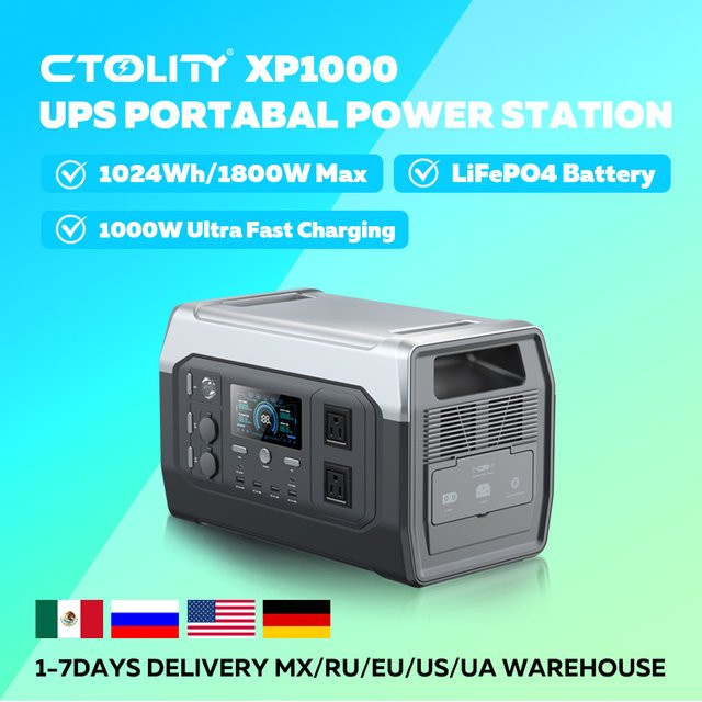 CTOLITY XP1000 Tragbarer Solargenerator mit 1800W Leistung und 1024Wh LiFePO4 Batterie in Schwarz und Grau - Bild 1