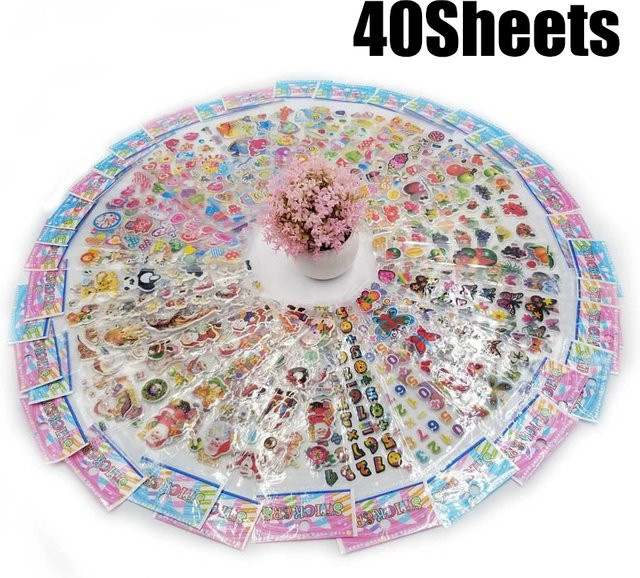 ZYF 3D-Blasenaufkleber mit verschiedenen niedlichen Cartoon-Motiven wie Tieren, Fahrzeugen, Herzen und Blumen, 40 Blatt pro Packung, Mehrfarbig - Bild 1