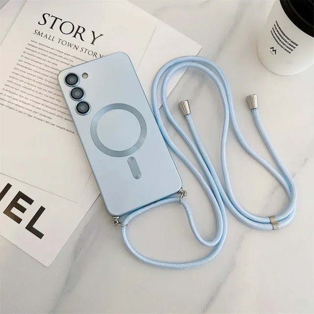 Matte magnetische Schutzhülle für Samsung Galaxy S26 Ultra S25 Edge S24 S23 S22 S21 FE mit Crossbody-Trageriemen und Vollschutz in Grau, Braun oder Blau - Bild 1