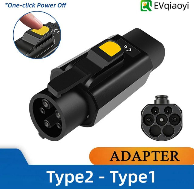 EVqiaoyi Typ2 zu Typ1 EV-Ladeadapter 32A 7KW mit Ausschaltknopf in Schwarz für J1772 Elektrofahrzeuge - Bild 1