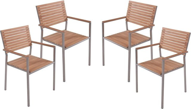 DELUKE 4er Set Gartenstühle aus Teakholz und Edelstahl in Braun und Silber, wetterfeste stapelbare Outdoor Essstühle - Bild 1