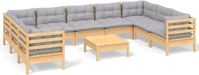 vidaXL 10-teiliges Garten-Lounge-Set aus massivem Kiefernholz mit grauen Polstern - Bild 1