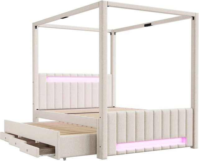 okwish Polsterbett mit Himmelbett und Ausziehbett in Beige, inklusive LED-Beleuchtung und Schubladen, B/T/H: 140 x 200 x 141,5 cm - Bild 1