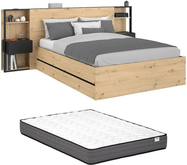 Vente-unique Bett Ludaro mit Bettkasten in Schwarz und Naturfarben Hell, B/T: 160 x 200 cm, Höhe: 255,1 cm - Bild 1