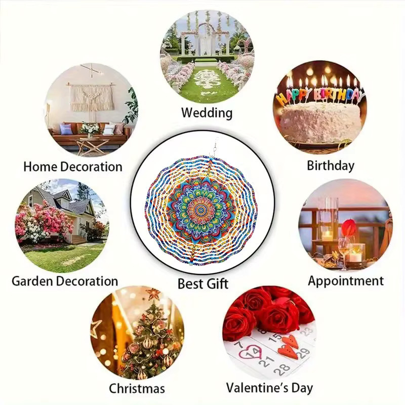 CIFBUY Rotierender Windspinner mit Mandala-Muster in Weiß und Multicolour, 25,4 cm Durchmesser, Hängende Gartendekoration aus Metall mit geometrischem Design - Bild 5