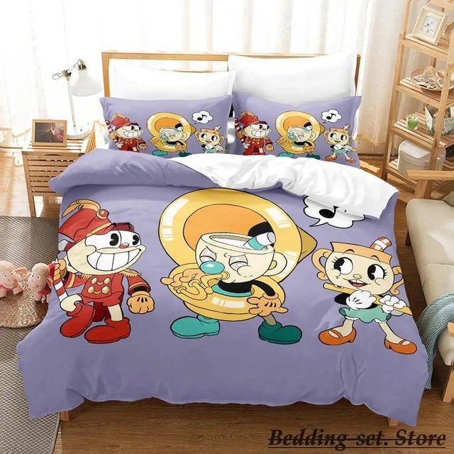 Wucifang Bags Cuphead Mugman 3D Bettwäsche-Set aus Mikrofaser in Lila für Erwachsene und Kinder, bestehend aus Bettbezug und Kissenbezug, B/H: 70 x 133 cm - Bild 1
