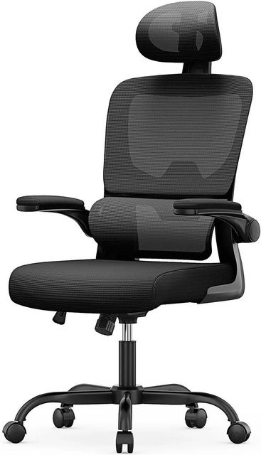 Rattantree Ergonomischer Drehstuhl in Schwarz mit Wippfunktion, Kopfstütze, Klapparmlehnen und Netzgewebe - Bild 1