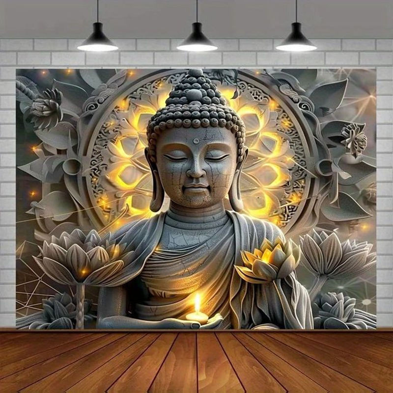 VIKAMA Zen-Wandteppich mit floralem Lotus-Motiv in Grau, orientalischer Wandbehang für Yoga- und Wohnräume - Bild 1