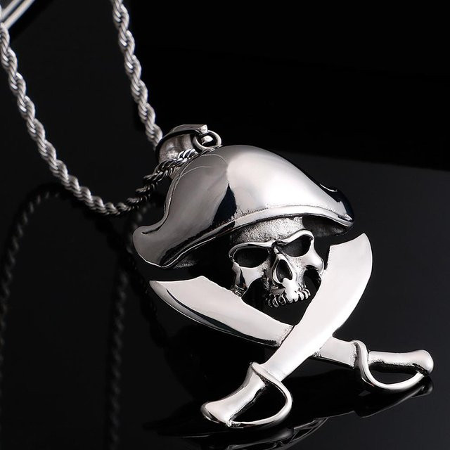 ANENJERY Anhänger Halskette, Schädel Kopf, Edelstahl, Silber, 60cm, Unisex - Bild 1