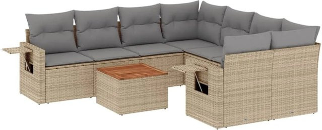 vidaXL 9-teilige Garten-Sofagarnitur in L-Form aus Poly-Rattan in Beige-Grau mit Kissen und pulverbeschichtetem Stahlgestell - Bild 1