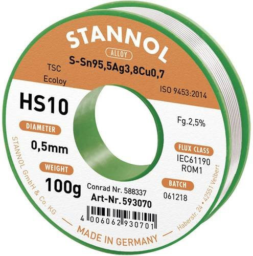 Stannol HS10 2510 Bleifreies Lötzinn Sn95,5Ag3,8Cu0,7 ROM1 Silber 0,5 mm 100 g - Bild 1