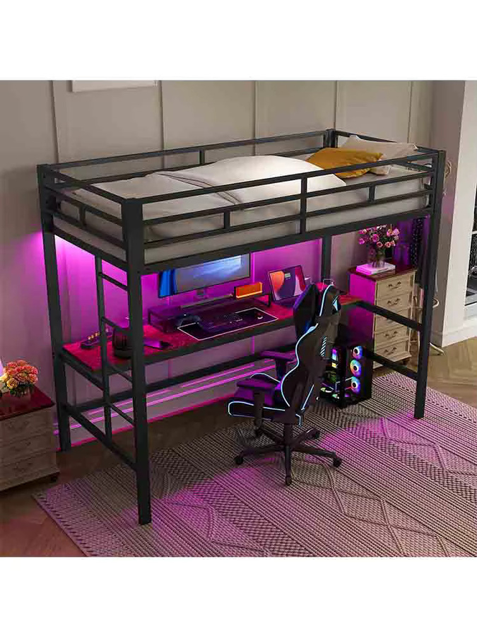 KOMHTOM Hochbett aus Metall in Schwarz mit LED-Lichtleiste, Schreibtisch, Geländer, Trittleiter und USB-Ladestation, B/T/H: 90 x 200 cm - Bild 4