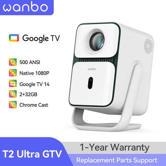 Wanbo T2 Ultra Google TV Beamer in Weiß mit 14 Zoll Projektionsfläche, Native 1080P Full HD, 500 ANSI, 2+32G Speicher, 10W Lautsprecher und 120 Grad drehbarem Standfuß - Bild 1