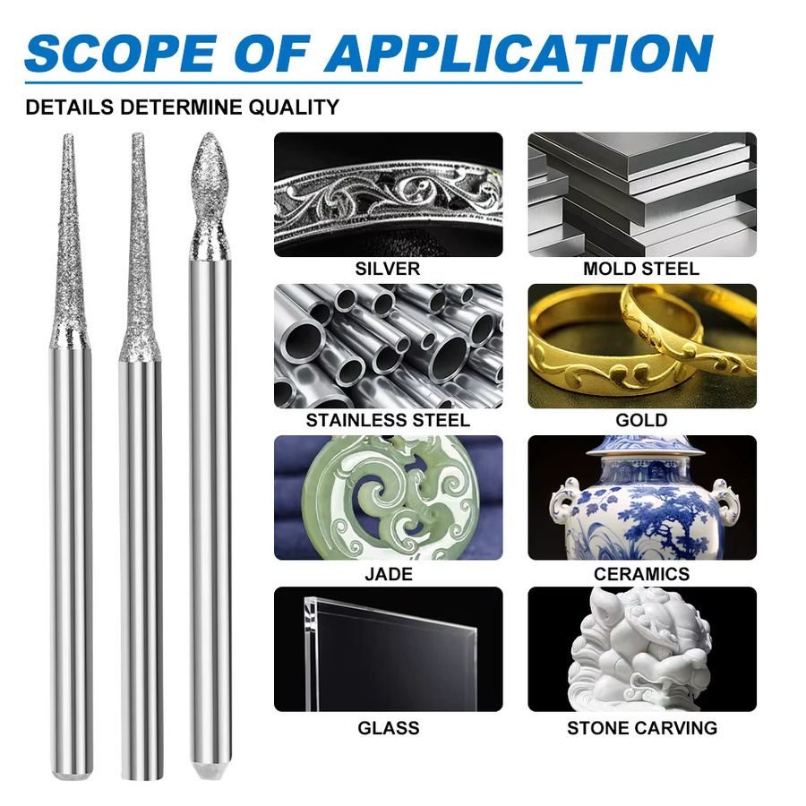 XCAN Diamant-Schleifgrat-Set in Silber mit 3 mm Schaft und Nadelspitze für Gravur, Schnitzen und Polieren mit Dremel-Drehwerkzeugen - Bild 3