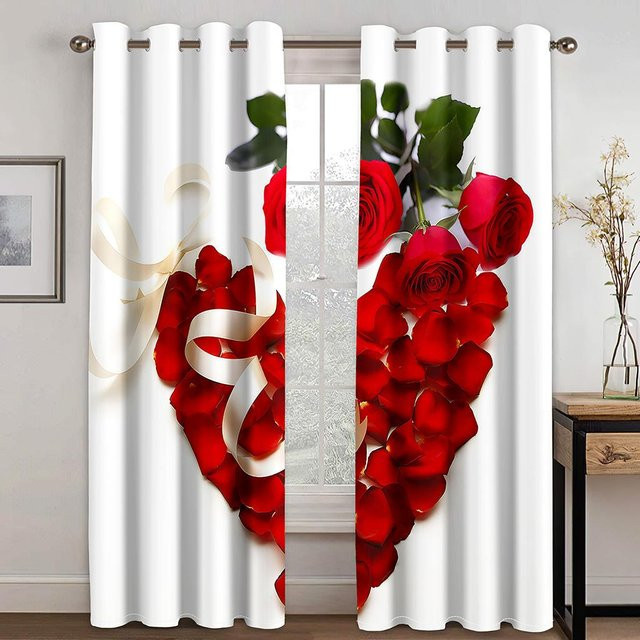 Yiran Furniture Vorhänge mit Herz-Motiv für Valentinstag, 2er-Set, semi-transparent, Polyester, Farben: Weiß und Rot, Breite: 65 cm, Höhe: 60 cm - Bild 1