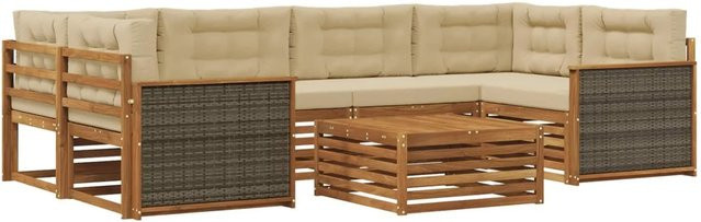 vidaXL Outdoor-Sofagarnitur L-Form aus Akazienholz mit 7 Kissen in Natur und Beige - Bild 1
