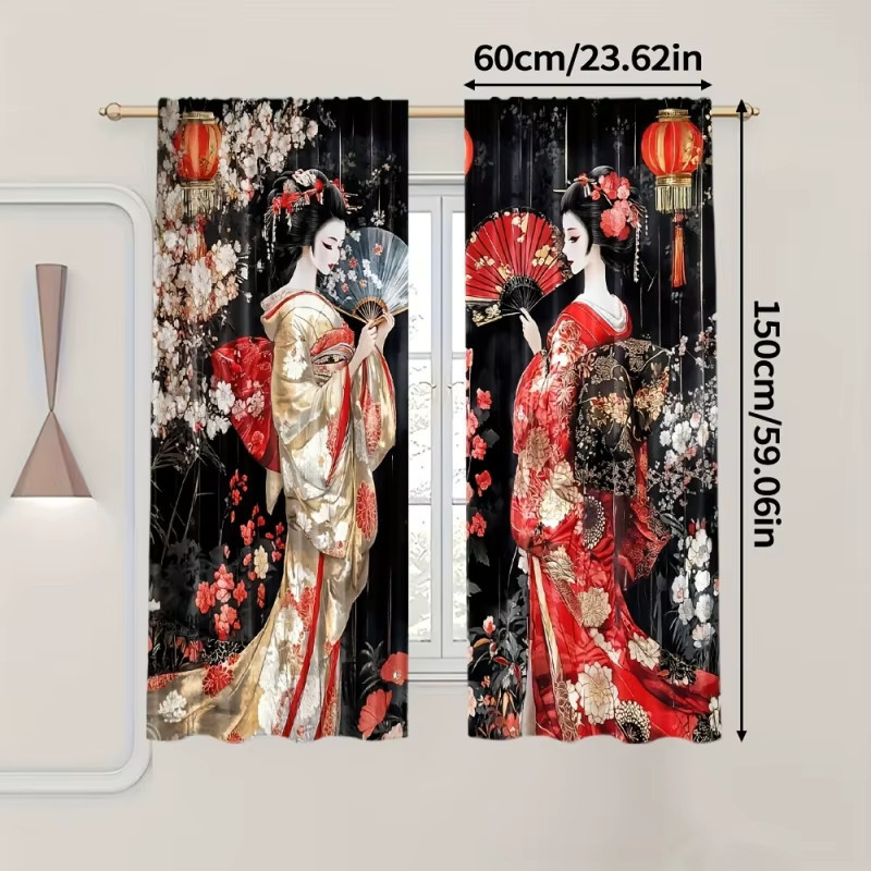 VIKAMA Japanisches Geisha Duschvorhang-Set aus wasserdichtem Stoff mit floralem Design in Mehrfarbig - Bild 2