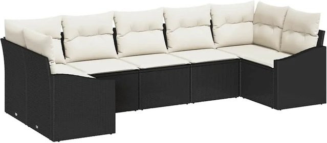 vidaXL Garten-Sofa-Set 7-teilig aus Poly-Rattan in Schwarz und Beige mit Polstern und L-Form - Bild 1