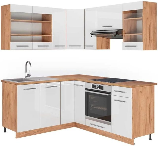 Vicco Fame-Line Eckküche in Weiß Hochglanz und Goldkraft Eiche mit Soft-Close-Türen, B/T/H: 160 x 190 cm - Bild 1
