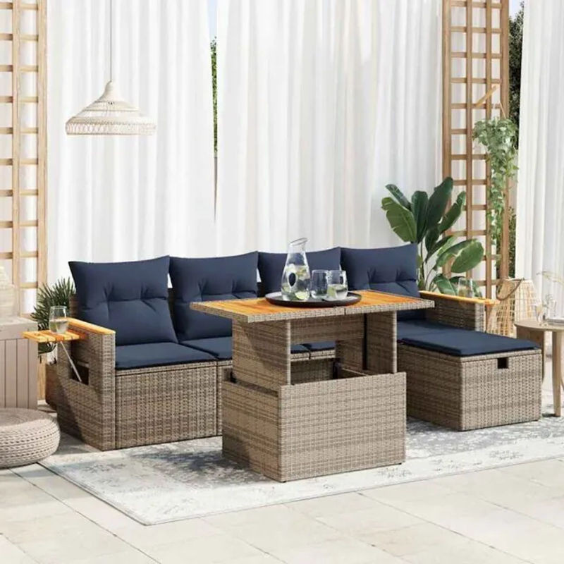 6-teilige Garten-Sofagarnitur aus Poly-Rattan und Akazienholz in Grau mit Kissen von vidaxl - Bild 1