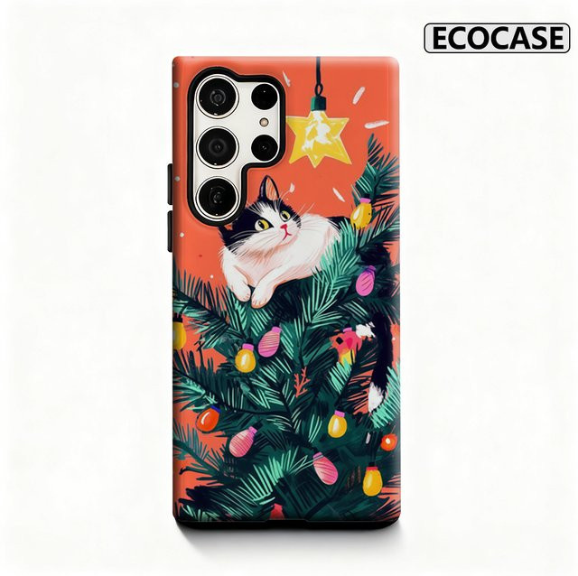Handyhülle mit skurrilem Weihnachts-Katzenbaum-Design für Samsung Galaxy S25 Ultra, S24 und S23 Ultra Plus, glänzende doppellagige Rückseite, Multicolor - Bild 1