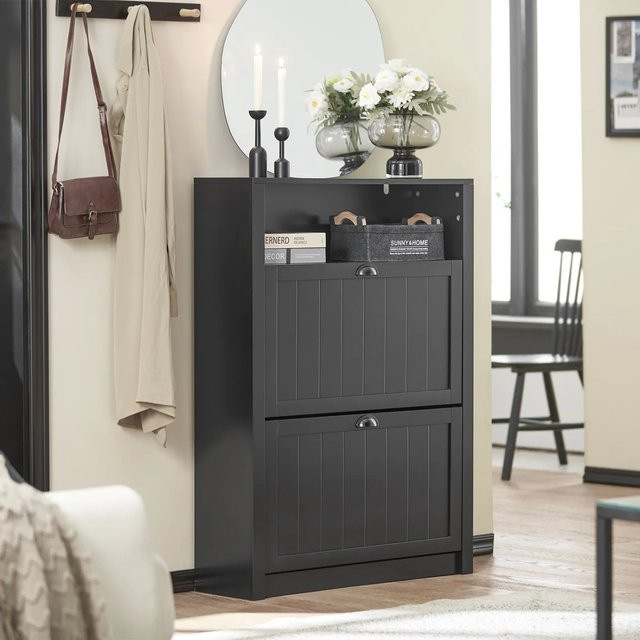 SoBuy Schuhkipper Schuhschrank in Schwarz mit Kippfächern und offenen Regalfächern, Breite: 80 cm, Tiefe: 24 cm, Höhe: 80 cm - Bild 1