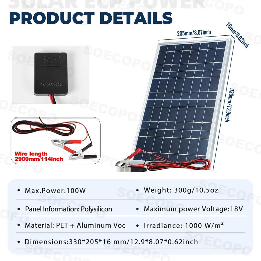 Soecopo Tragbares 100-W-Solarpanel mit 100-A-Controller und Batterieklemmen in Blau zum Laden von 12-V-Batterien für Auto, Wohnmobil und Zuhause - Bild 2