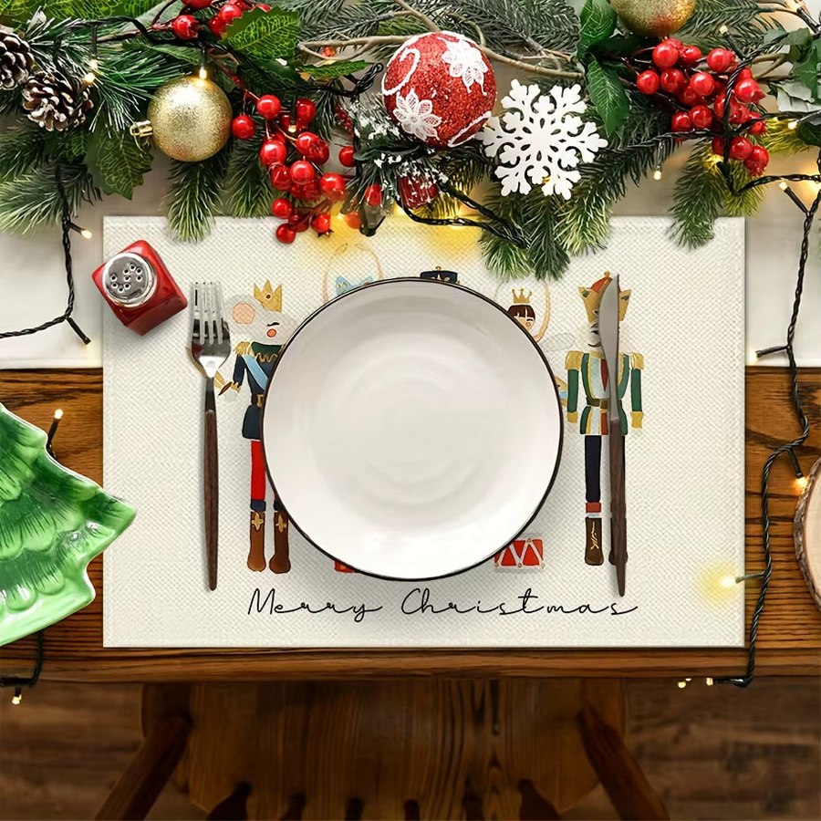 VIKAMA 4-teiliges Weihnachts-Tischset Set mit Nussknacker-Motiv in Mehrfarbig, Leinen, Rechteckig - Bild 2