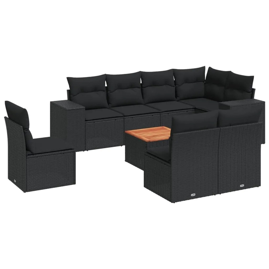 vidaXL 9-tlg. Garten-Sofagarnitur in L-Form aus schwarzem Poly-Rattan mit Kissen und pulverbeschichtetem Stahlgestell - Bild 2