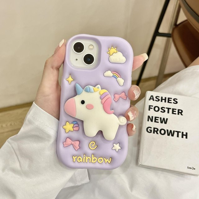 3D Einhorn Handyhülle aus weichem Silikon mit Klappständer für Apple iPhone 17 16 15 14 13 12 Pro Max in Lila - Bild 1