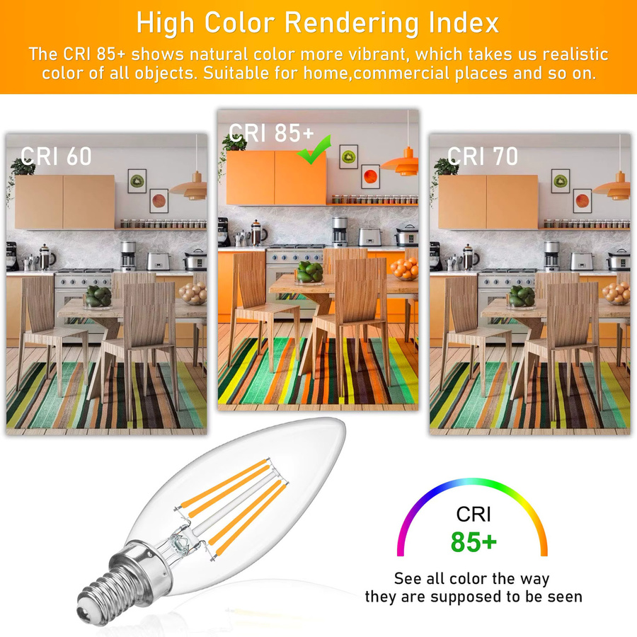 Genixgreen C35 LED-Kerzenlampen E14, 4W (40W Äquivalent), dimmbar, 2700K Warmweiß, transparentes Glas-Filament - Bild 2