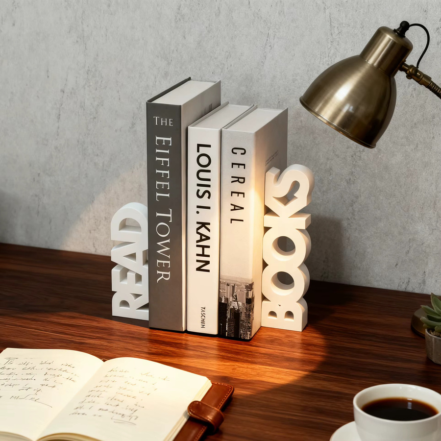 Modernes Buchstützenset READ & BOOK aus Kunststoff in Weiß für deinen Schreibtisch und zur Organisation deiner Bücher - Bild 2