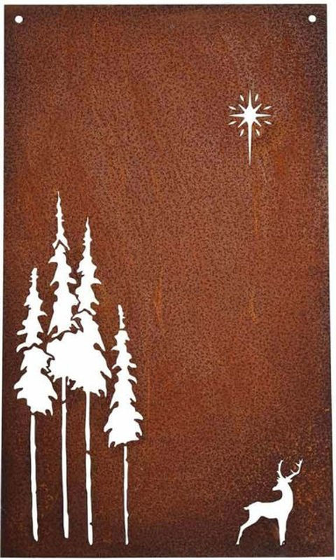 Edelrost Wandbild Rentier und Wald mit Sternen in Braun, Metall Dekoration für Weihnachten, B: 37 cm, H: 22 cm - Bild 1