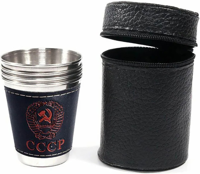 LISM Outdoor Reise Tassen Set aus Edelstahl mit PU Leder in Silber, 4 Stück - Bild 1