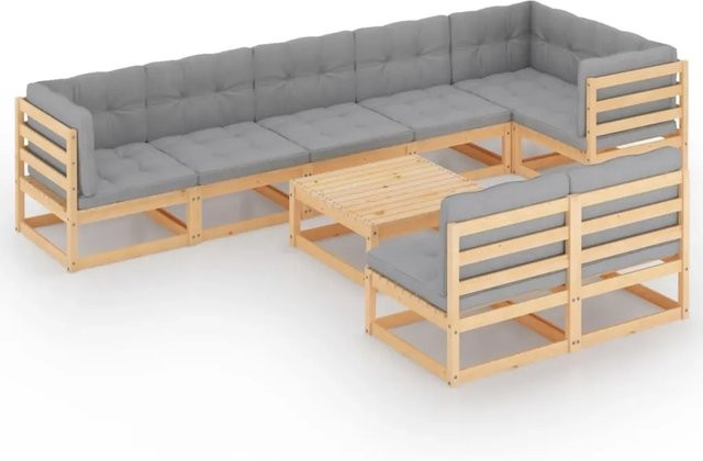 vidaXL 9-tlg Garten-Lounge-Set aus massivem Kiefernholz in L-Form mit grauen Polsterkissen - Bild 1