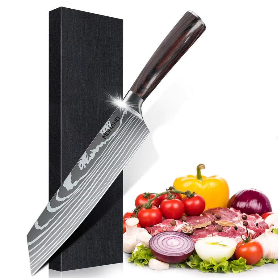 MDHAND Damaststahl Küchenmesser Kiritsuke für Fleisch, Sushi und Grillen, Silber und Braun mit Holzgriff - Bild 2